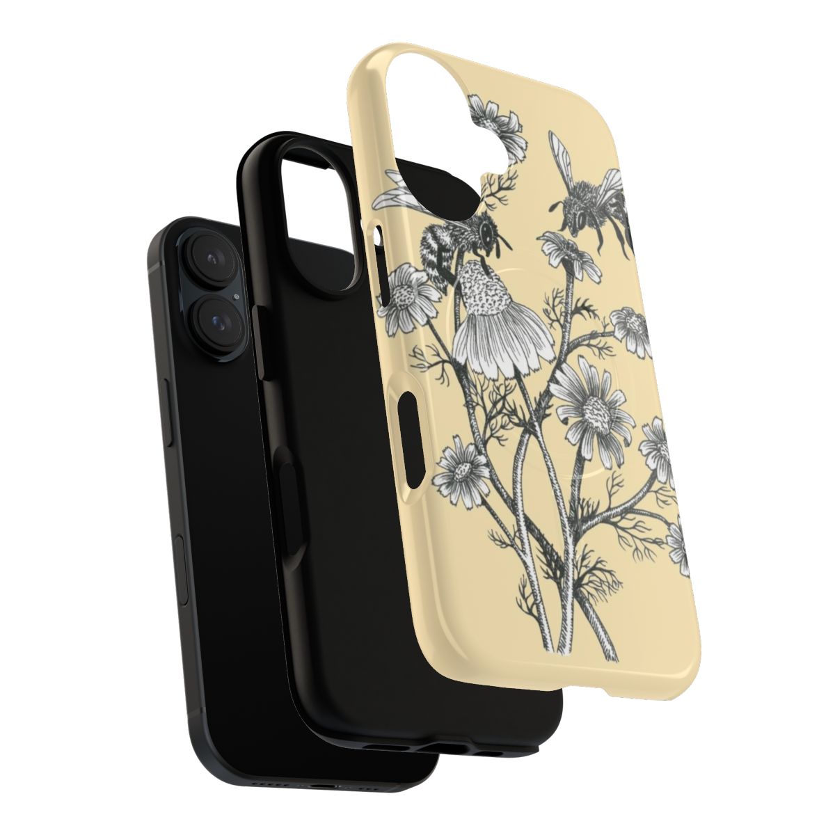 Illustrated phone case with bees and chamomile flowers on a honey-colored background - Layers