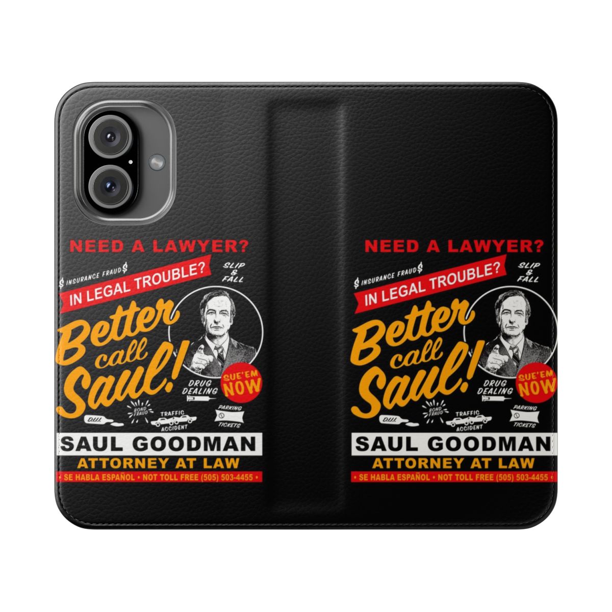 Flip cover phone case featuring a design inspired by the character Saul Goodman from the TV series Better Call Saul