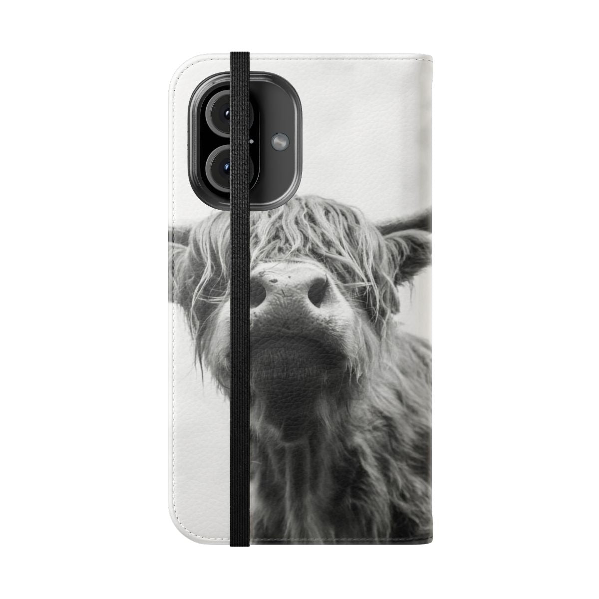 A high-quality phone case featuring a stunning black and white highland cow design. - Folded Front