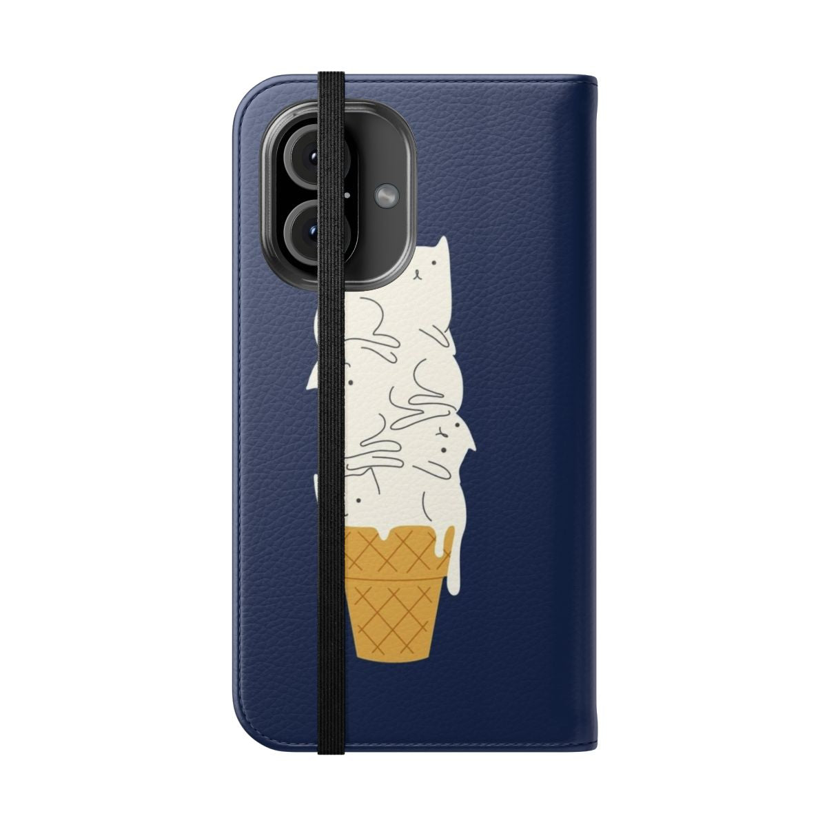 A blue phone case with a cute cat licking an ice cream cone design. - Folded Front