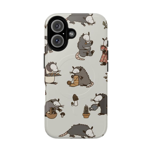 Cottagecore-themed phone case with cute opossums, mushrooms, and plants