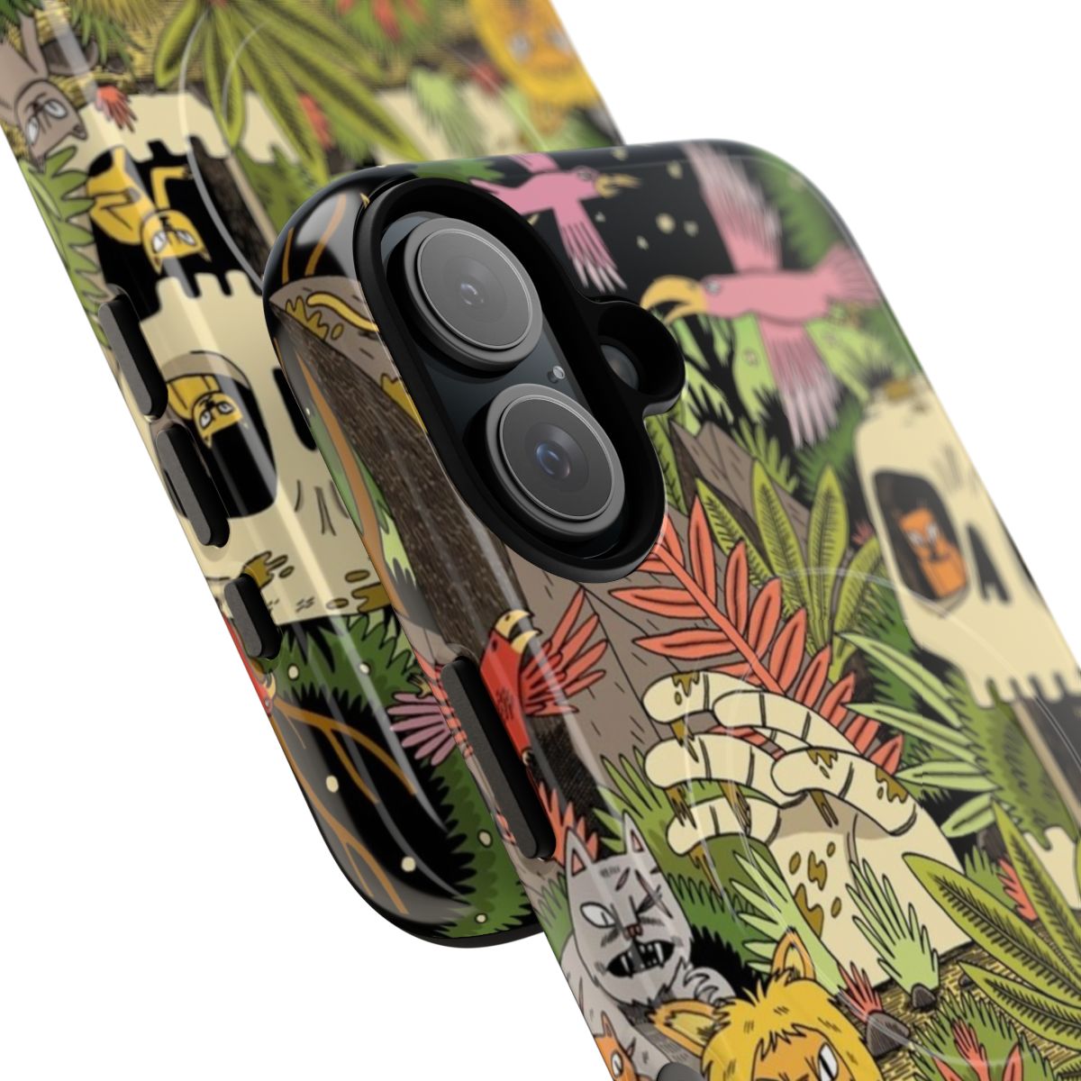 Jungle-themed phone case with animals, plants, and adventure motifs - Detail