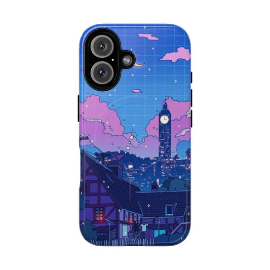 Surreal and dreamy lo-fi night cityscape on a sturdy phone case with a magnetic cover