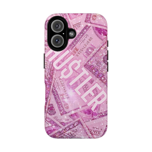 A pink phone case with a glittery, glamorous design