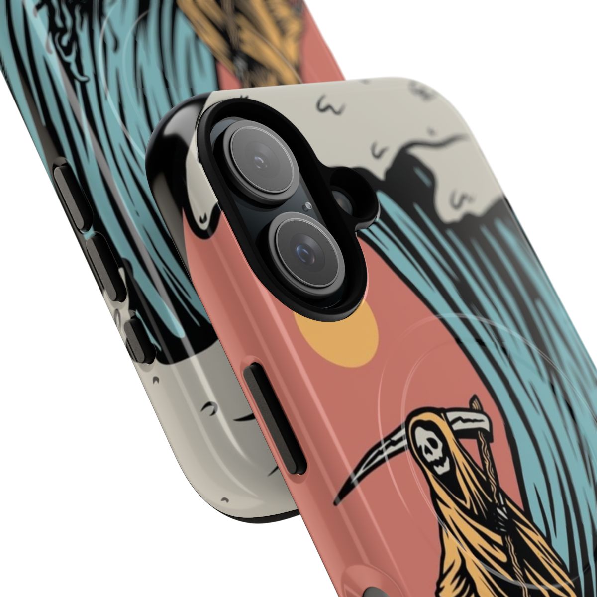 Colorful tropical floral phone case with a surfing reaper design - Detail