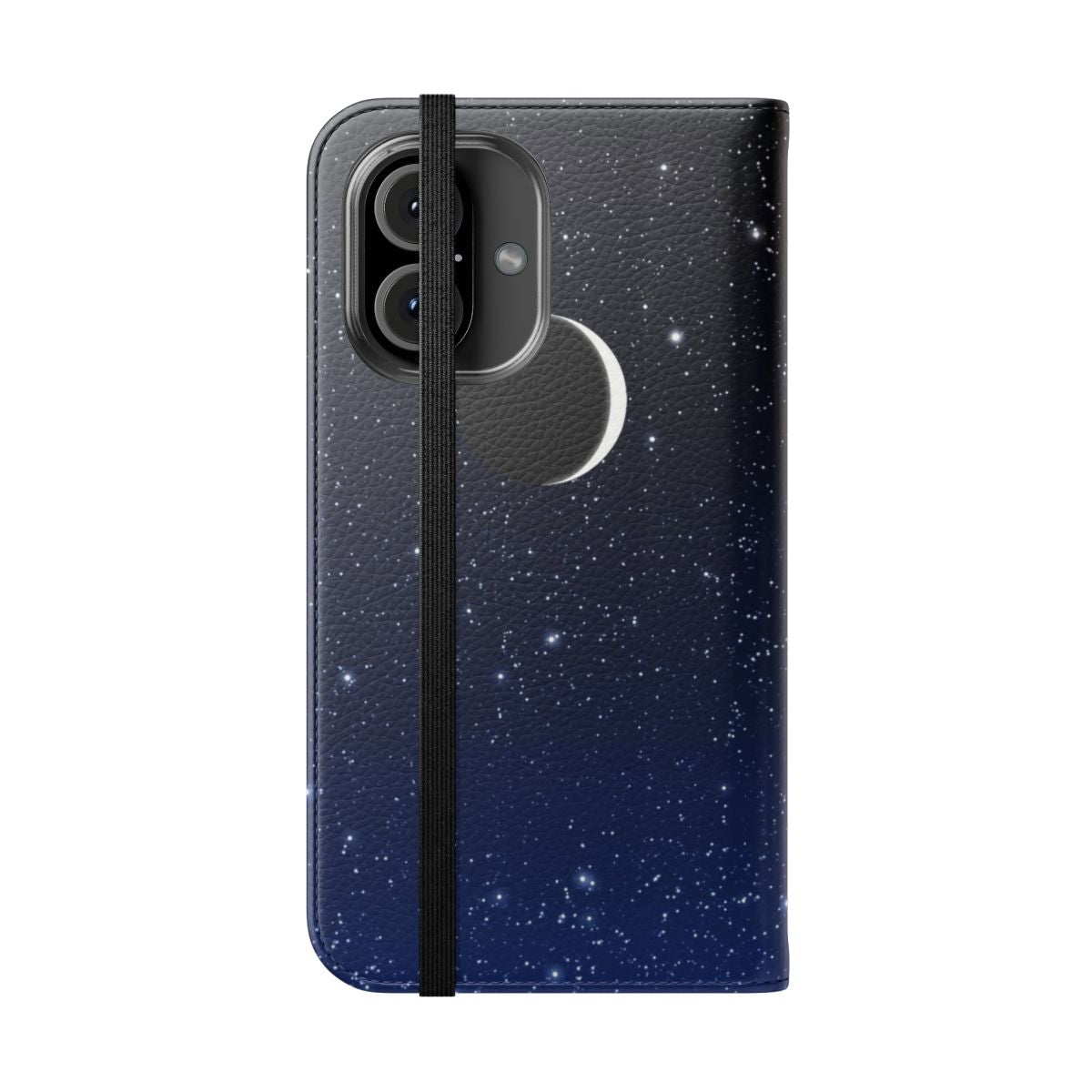 Flip phone case with a starry night sky design featuring a crescent moon. - Folded Front