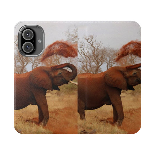 Flip phone case with an artistic impression of a majestic elephant in a natural setting