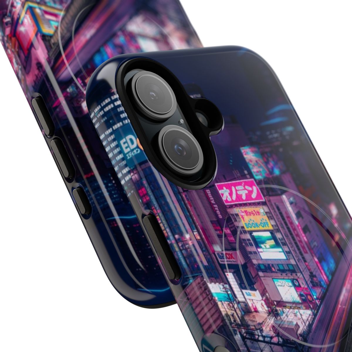 Cyberpunk-themed phone case with neon blue and pink colors, train and futuristic urban design - Detail