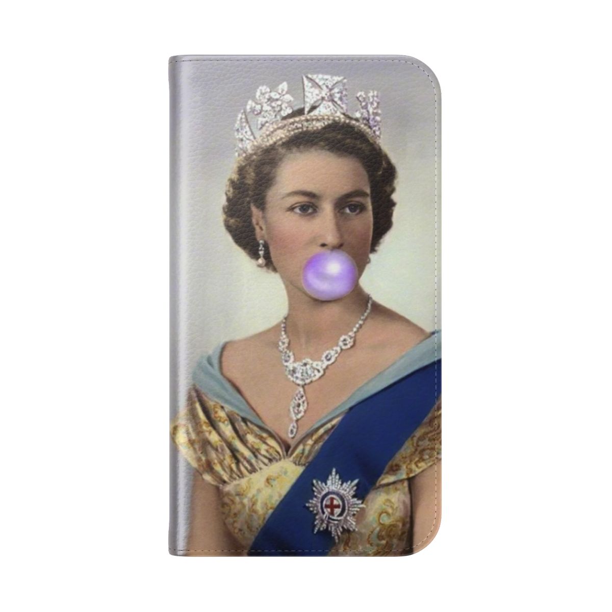 Stylish flip cover phone case featuring a regal design inspired by Queen Elizabeth II - Folded Back