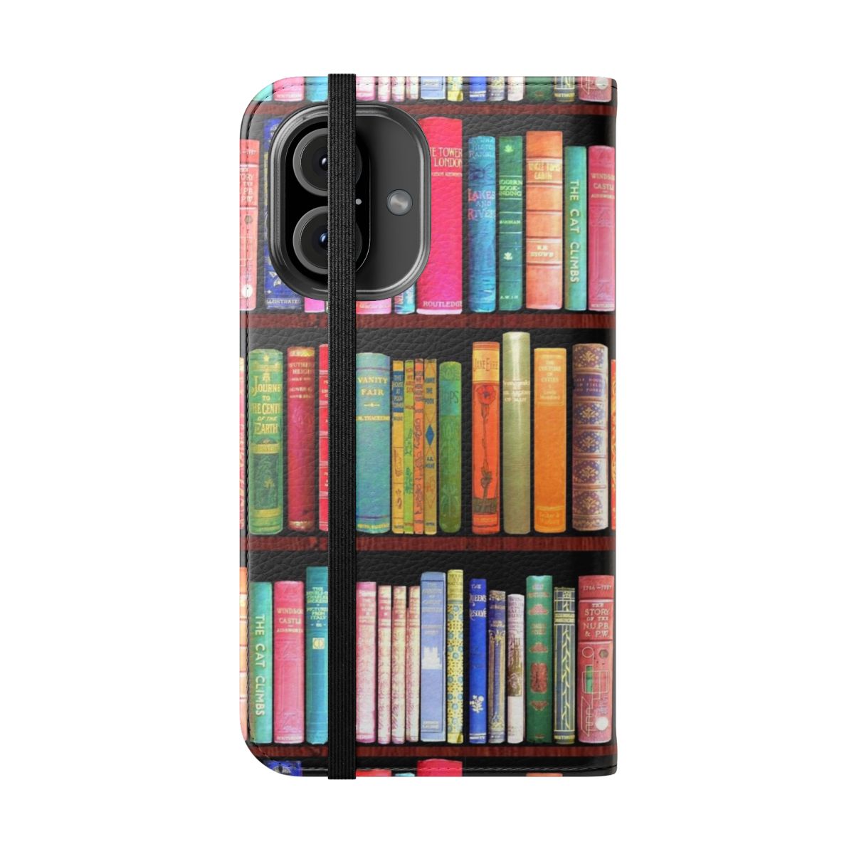 Vintage book-themed flip cover phone case with antique book and bookshelf design - Folded Front