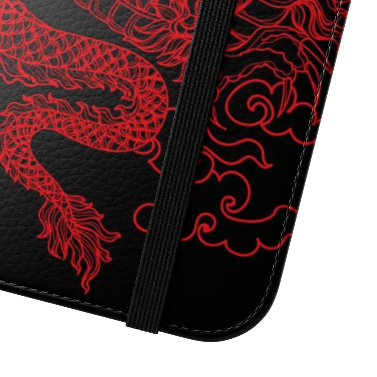 Flip phone case featuring a detailed red dragon design on a black background - Close Up