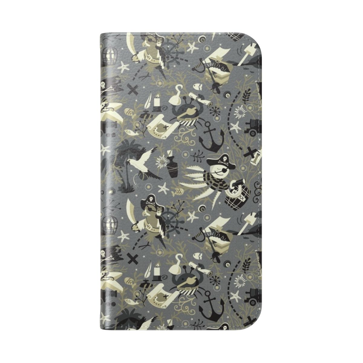 A black and white flip phone case with a treasure map, pirate-themed elements, and sea creatures like a crab, starfish, octopus, and parrot. - Folded Back