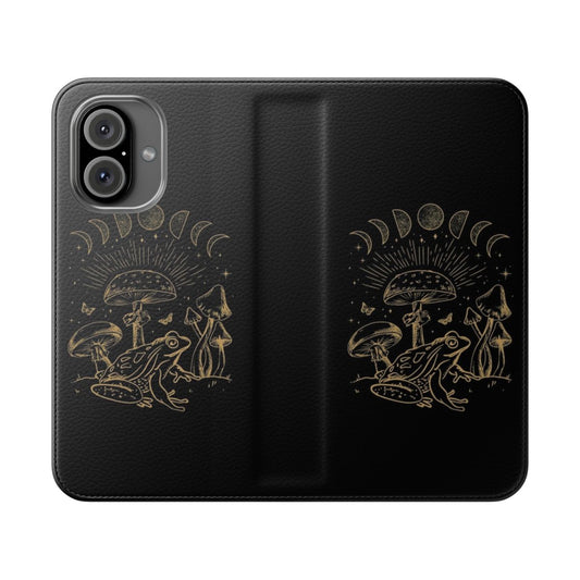 A dark academia inspired flip phone case featuring a frog under a mushroom in a mystical, forest-themed cottagecore aesthetic.