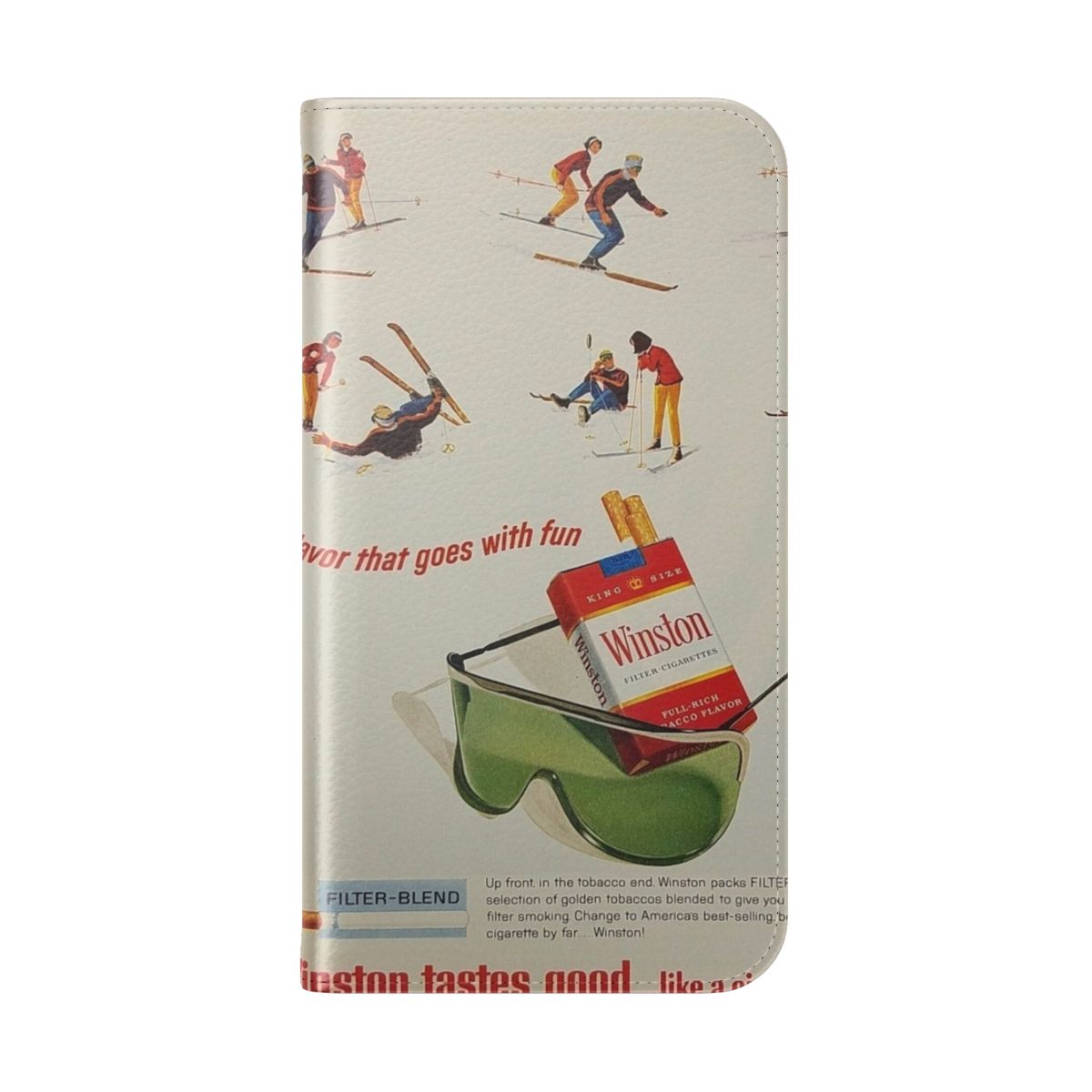 Vintage style flip cover phone case with a retro cigarette skiing advertisement design - Folded Back