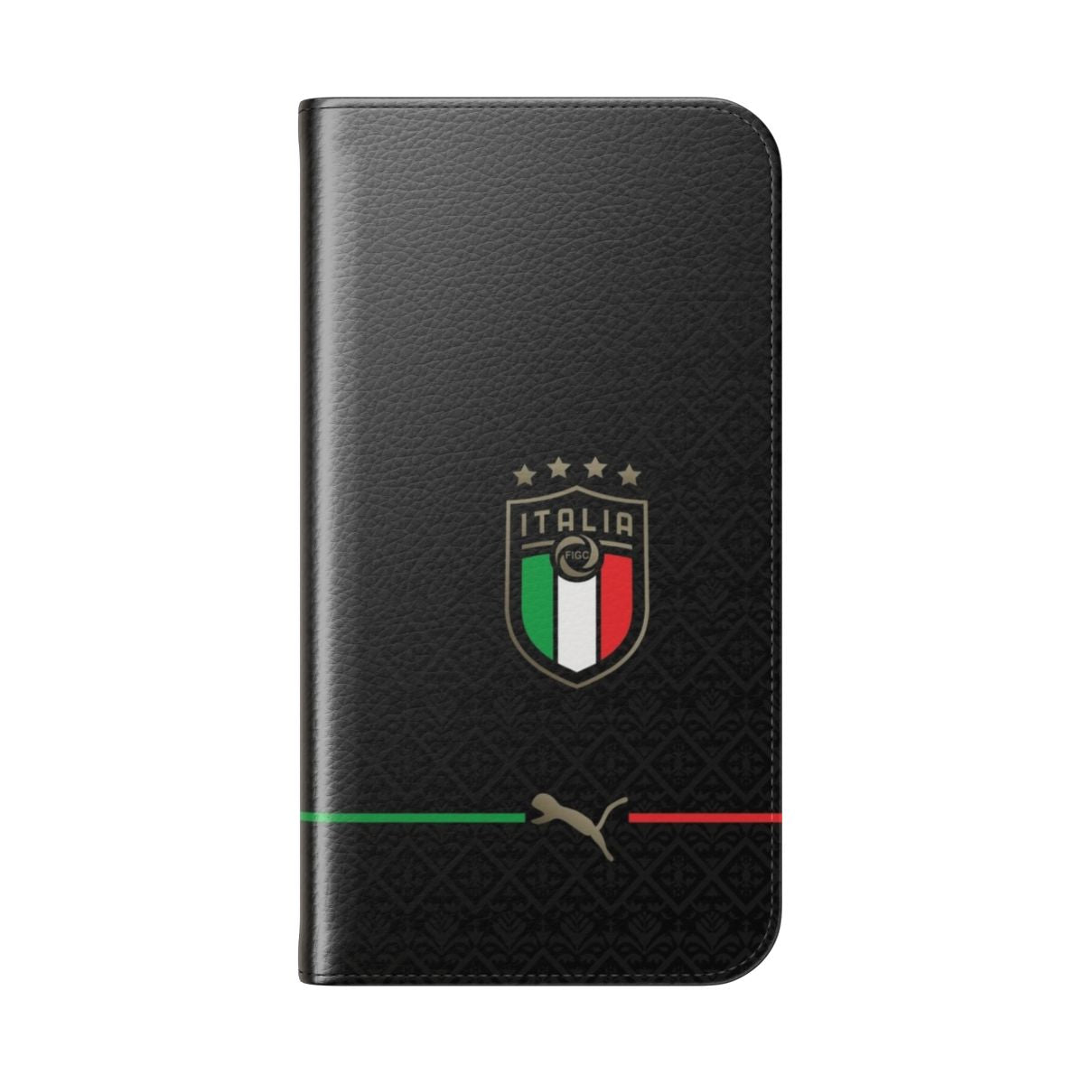 Black flip cover phone case with Italy, Italian, football, and soccer design - Folded Back