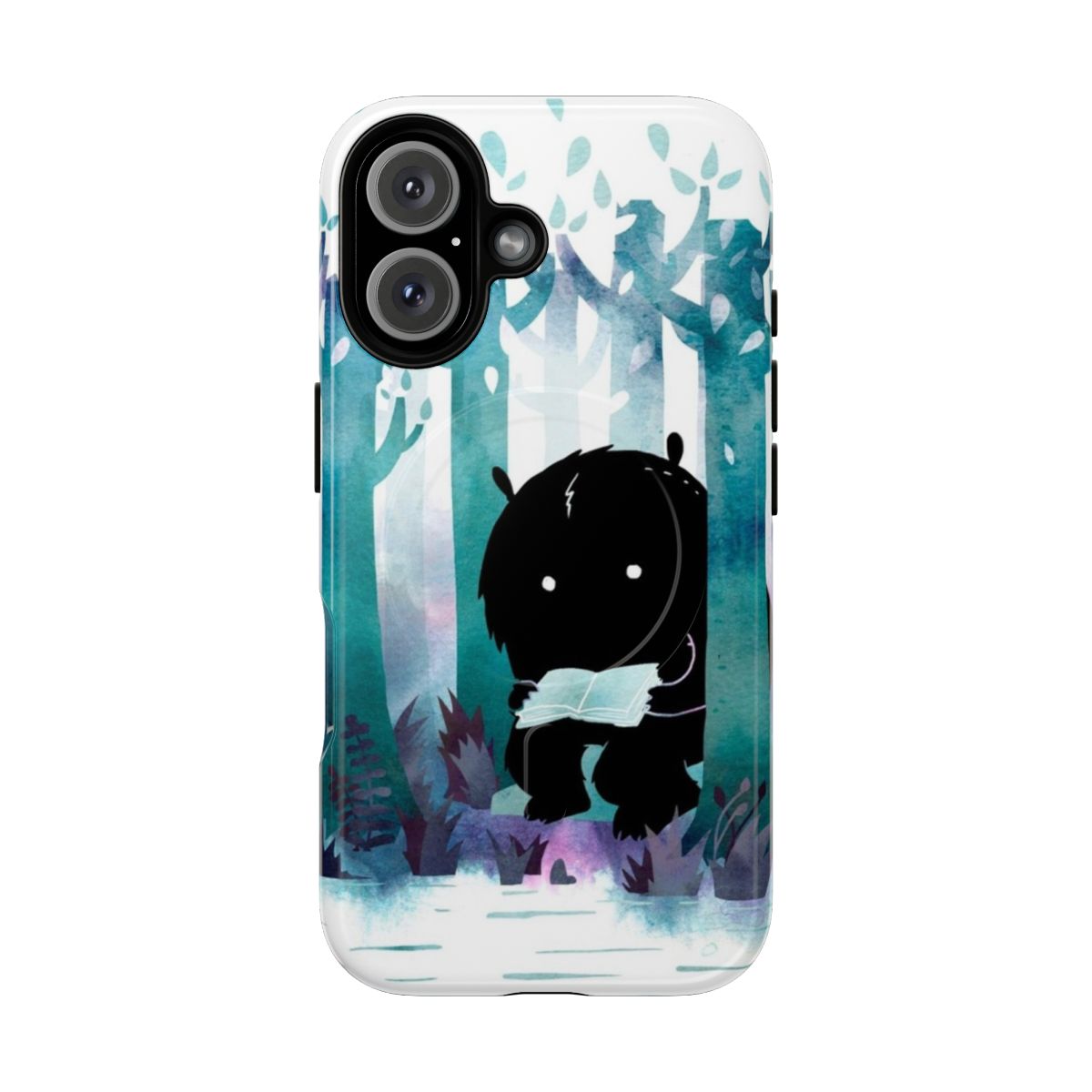 Watercolor nature-themed magnetic tough phone case with monster, book, and forest design