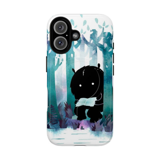 Watercolor nature-themed magnetic tough phone case with monster, book, and forest design