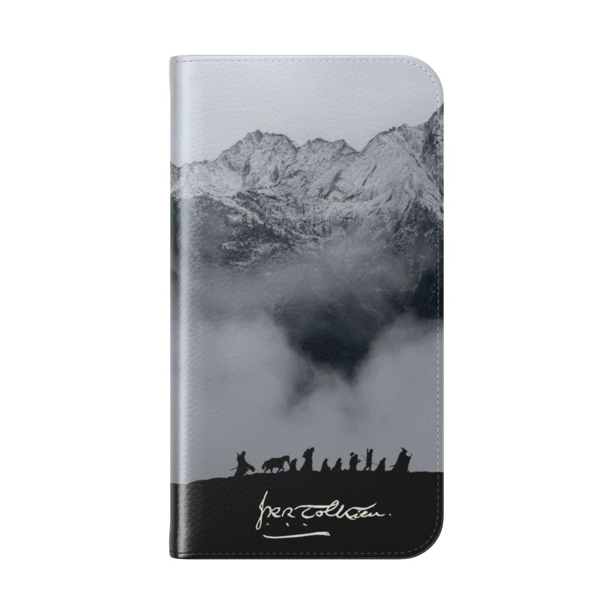 Middle-earth inspired fantasy flip cover phone case with mountain landscape design - Folded Back