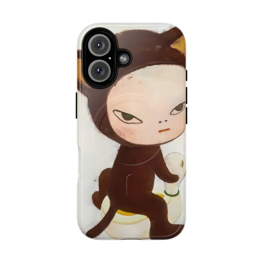 Artistic phone case featuring a cute baby riding a duck, inspired by the work of Yoshimoto Nara.