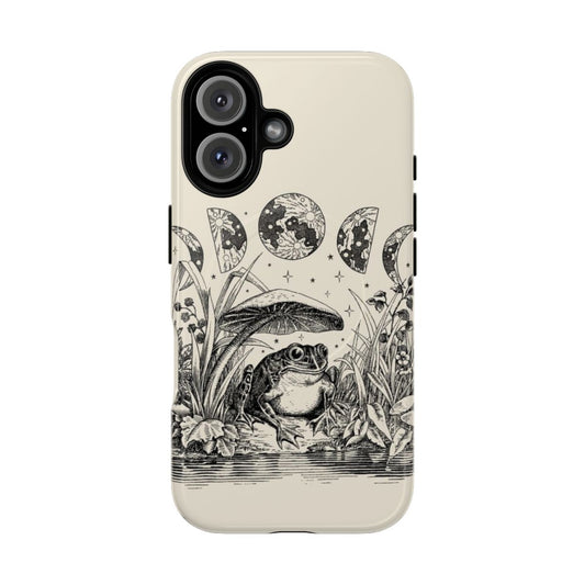 Vintage-style phone case featuring a whimsical frog sitting on a mushroom under a full moon, perfect for cottagecore and nature enthusiasts.