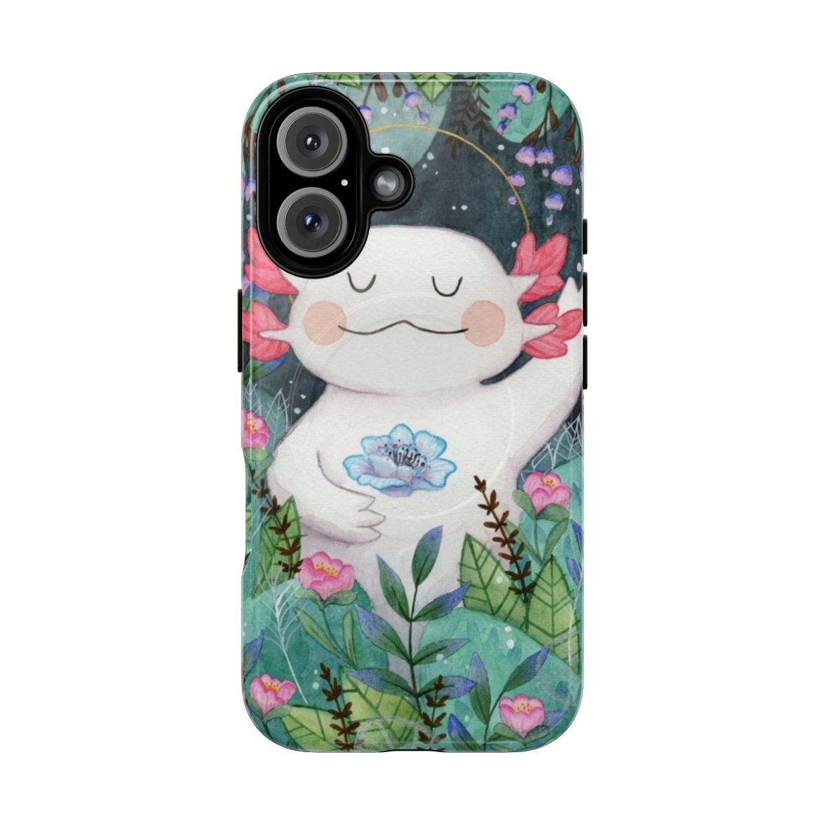 A watercolor floral phone case featuring a cute axolotl design against a nature-inspired background.