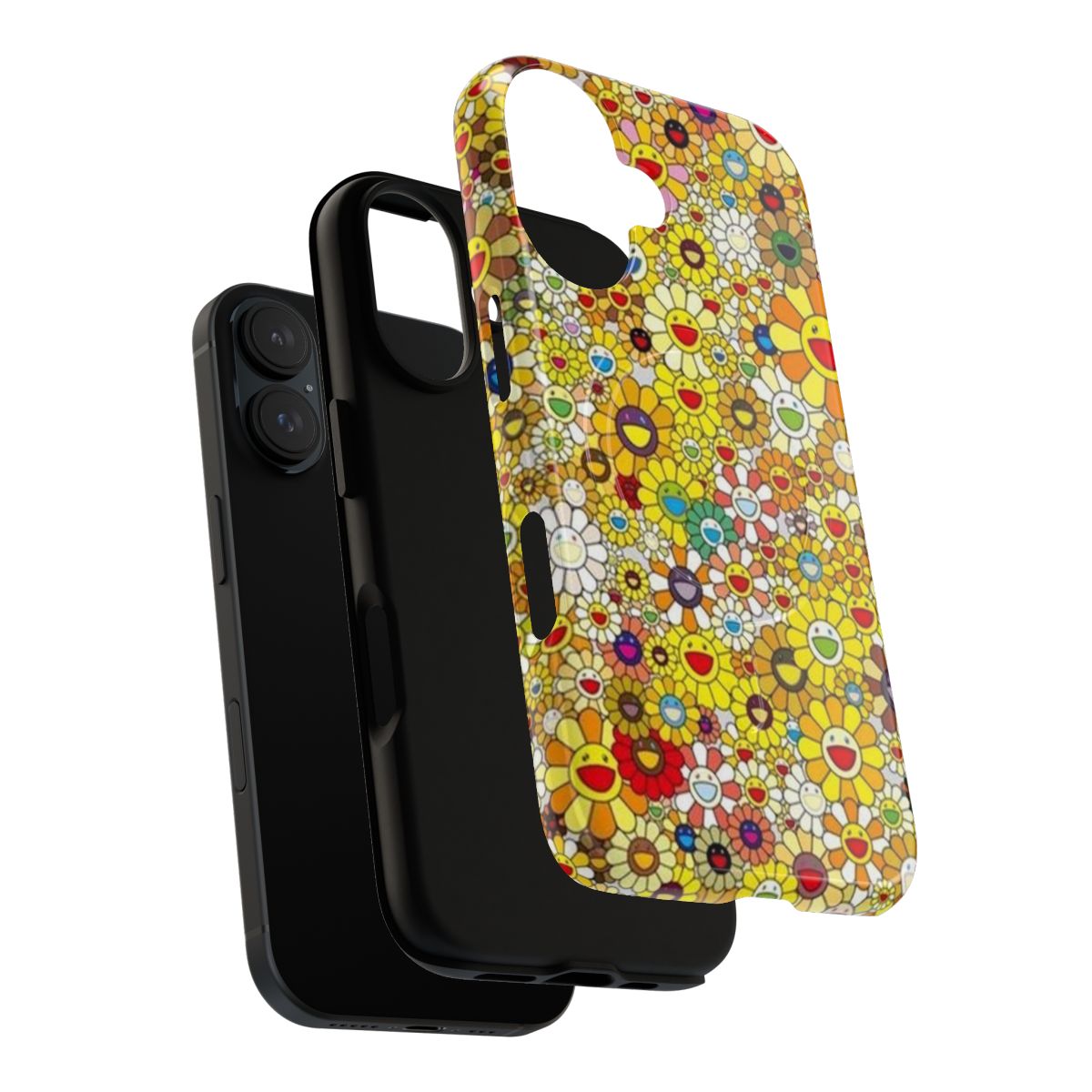 Vibrant colorful phone case with abstract art design inspired by Takashi Murakami's iconic style. - Layers