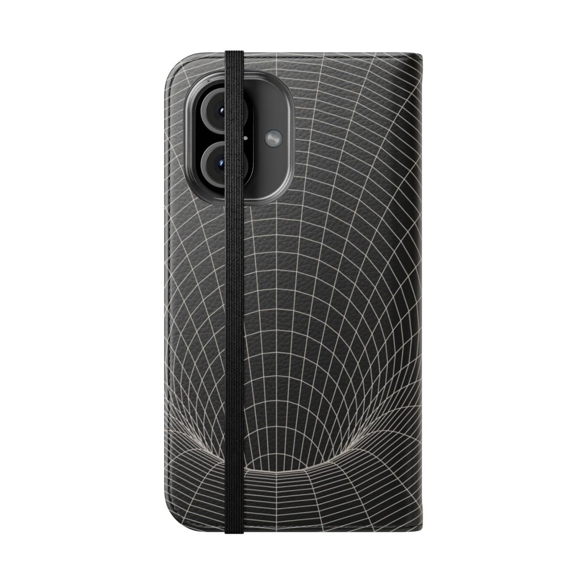 Detailed image of a black hole and event horizon design on a flip cover phone case. - Folded Front