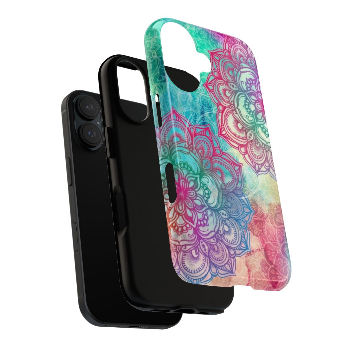 Vibrant and colorful boho-style phone case featuring a mandala and rainbow pattern design - Layers