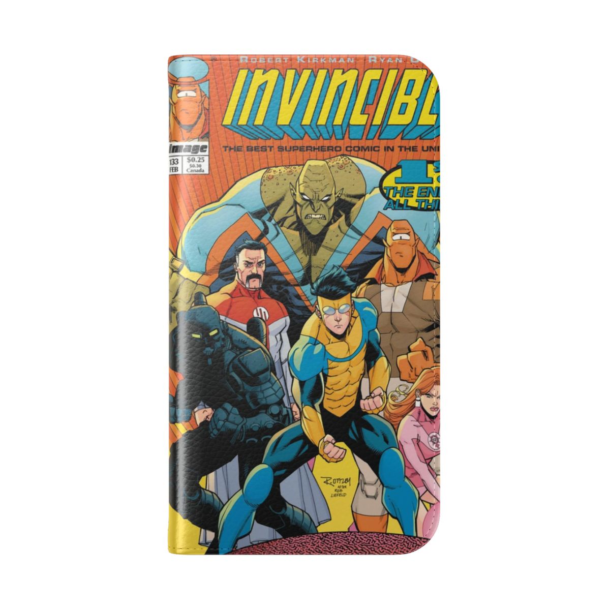 Invincible-themed flip cover phone case with comic book character design - Folded Back