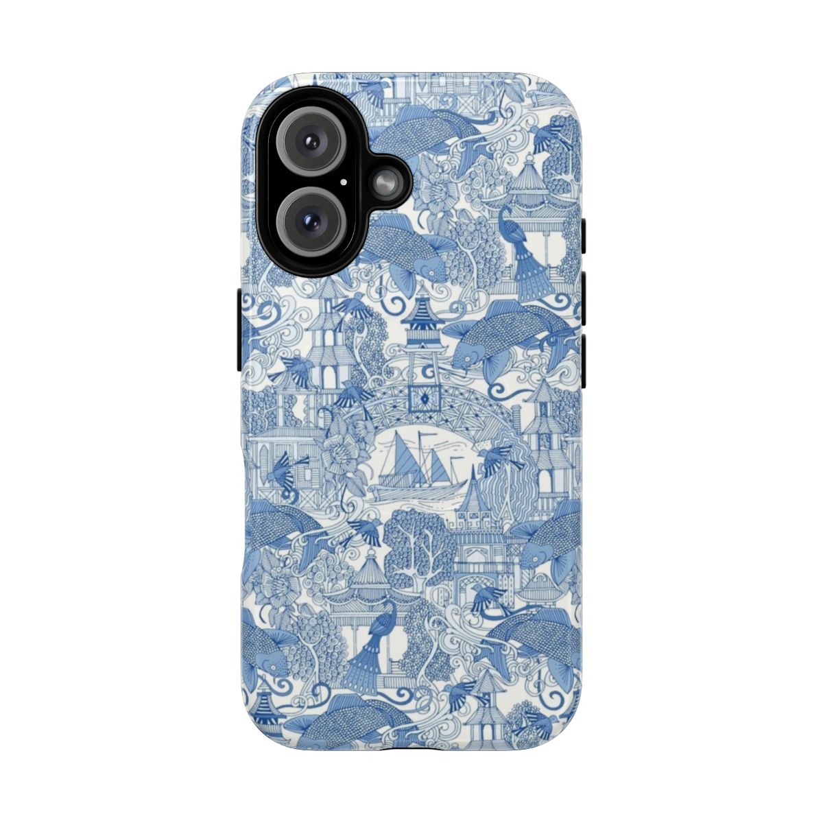 A blue phone case featuring a beautiful chinoiserie-style pattern with illustrations of koi fish, peacocks, and nature elements.