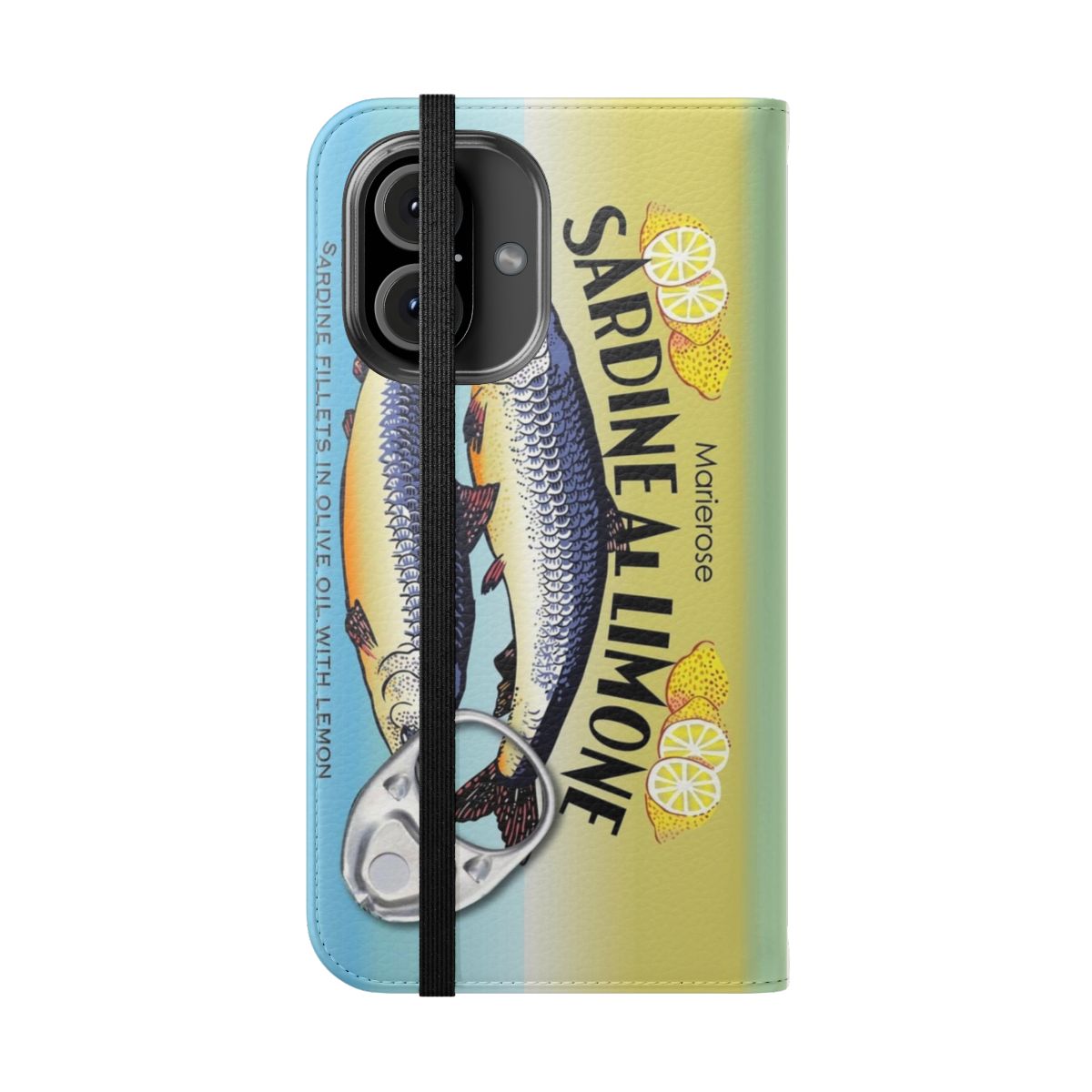 Vintage-style flip phone case with sardine can design - Folded Front