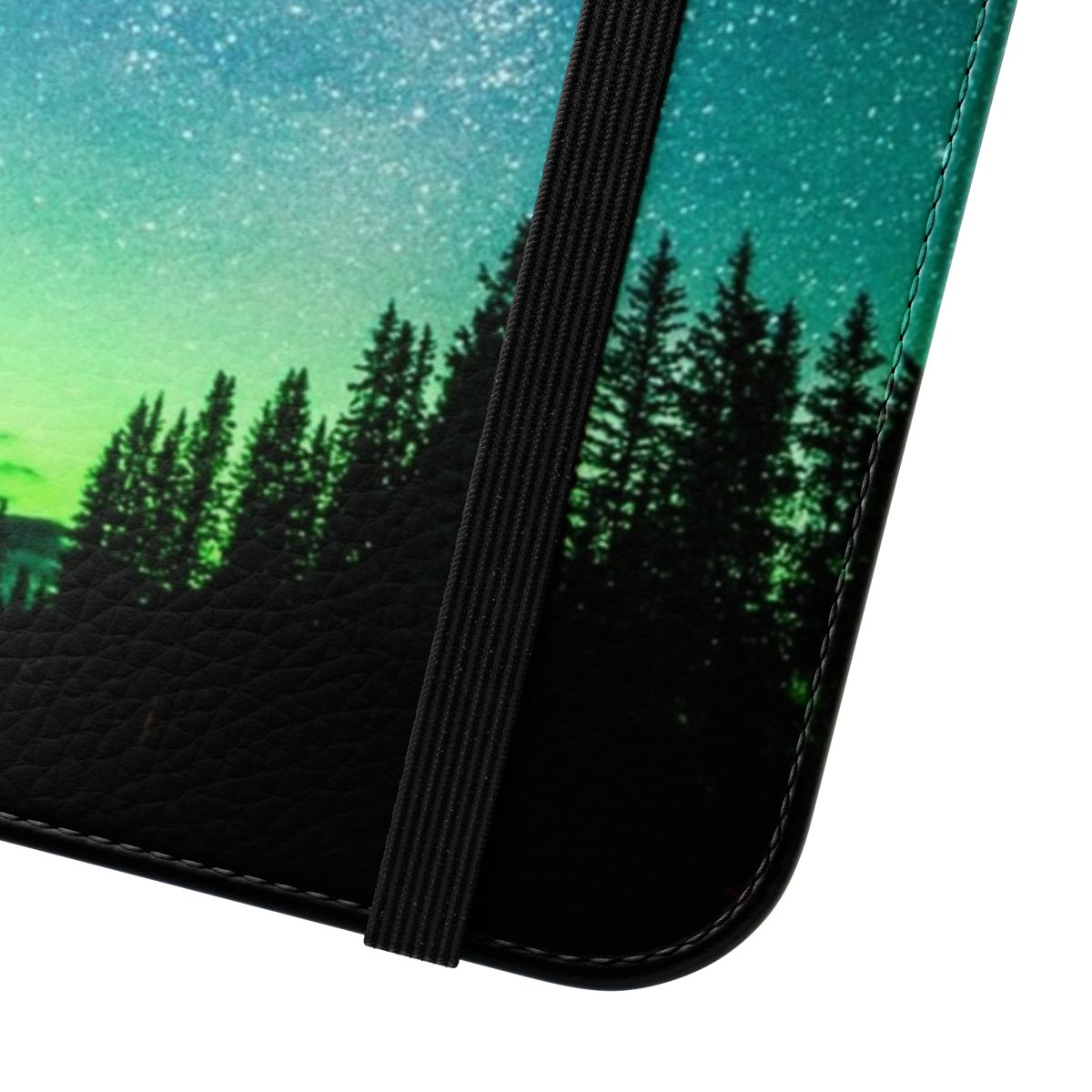 Cosmic aurora borealis phone case with vibrant neon green and stars - Close Up