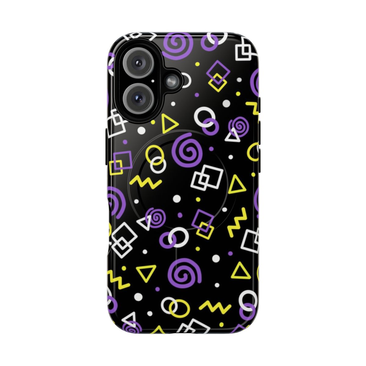 Nonbinary pride phone case with a vibrant arcade-inspired carpet design