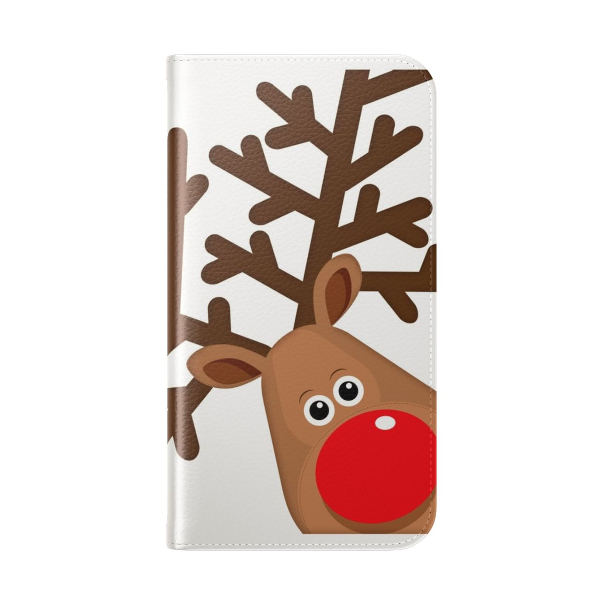 A red-nosed reindeer-themed flip phone case with a fun, cheeky design. - Folded Back