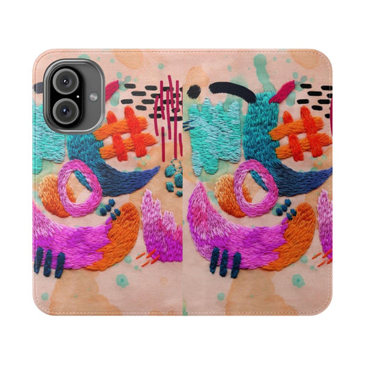 Vibrant abstract embroidery pattern on a modern flip phone case cover