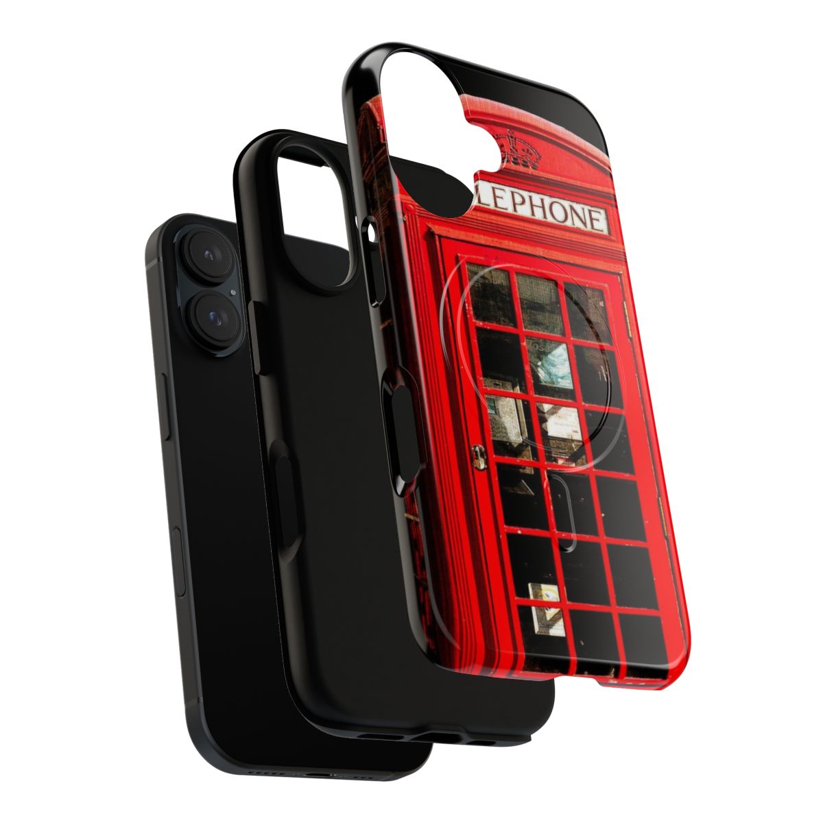 A red phone booth phone case with a magnetic, tough design. - Layers