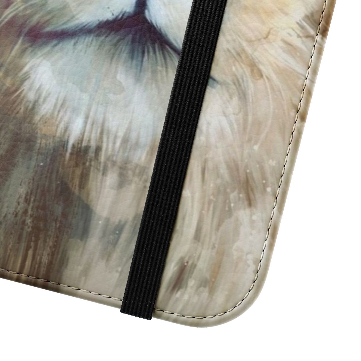 Artistic watercolor and ink illustration of a majestic lion on a protective flip phone case. - Close Up