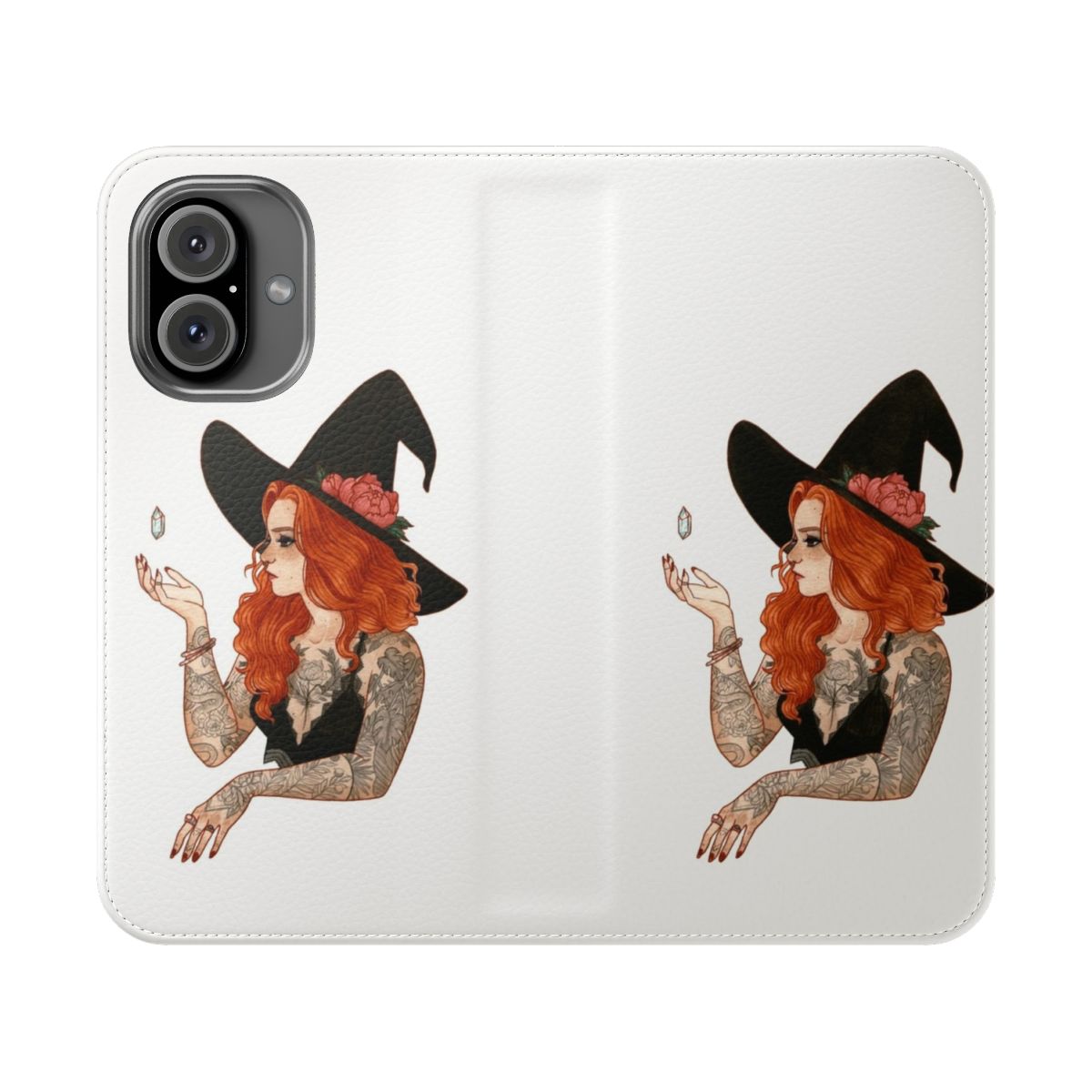 A vibrant red-haired witch phone case featuring a tattoo design and floral accents.