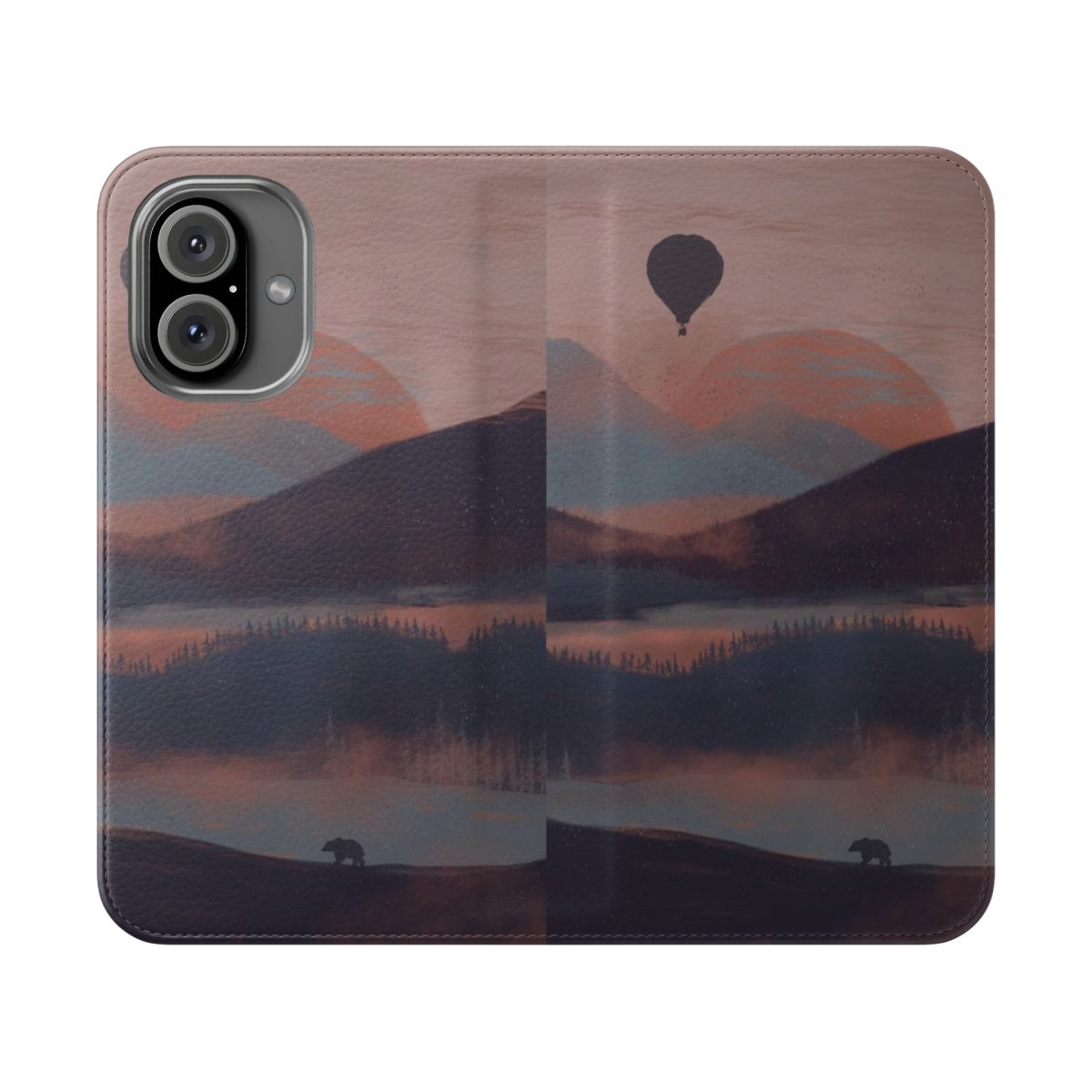 Flip cover phone case featuring a serene mountain landscape with a hot air balloon, river, and fog