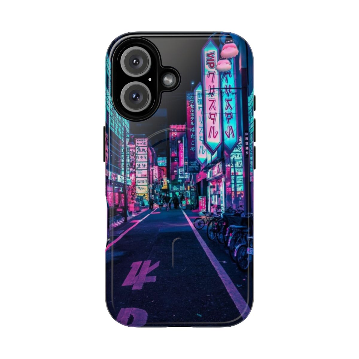 A colorful, neon-lit alleyway in Tokyo, Japan, showcasing the vibrant, futuristic aesthetic of this phone case.