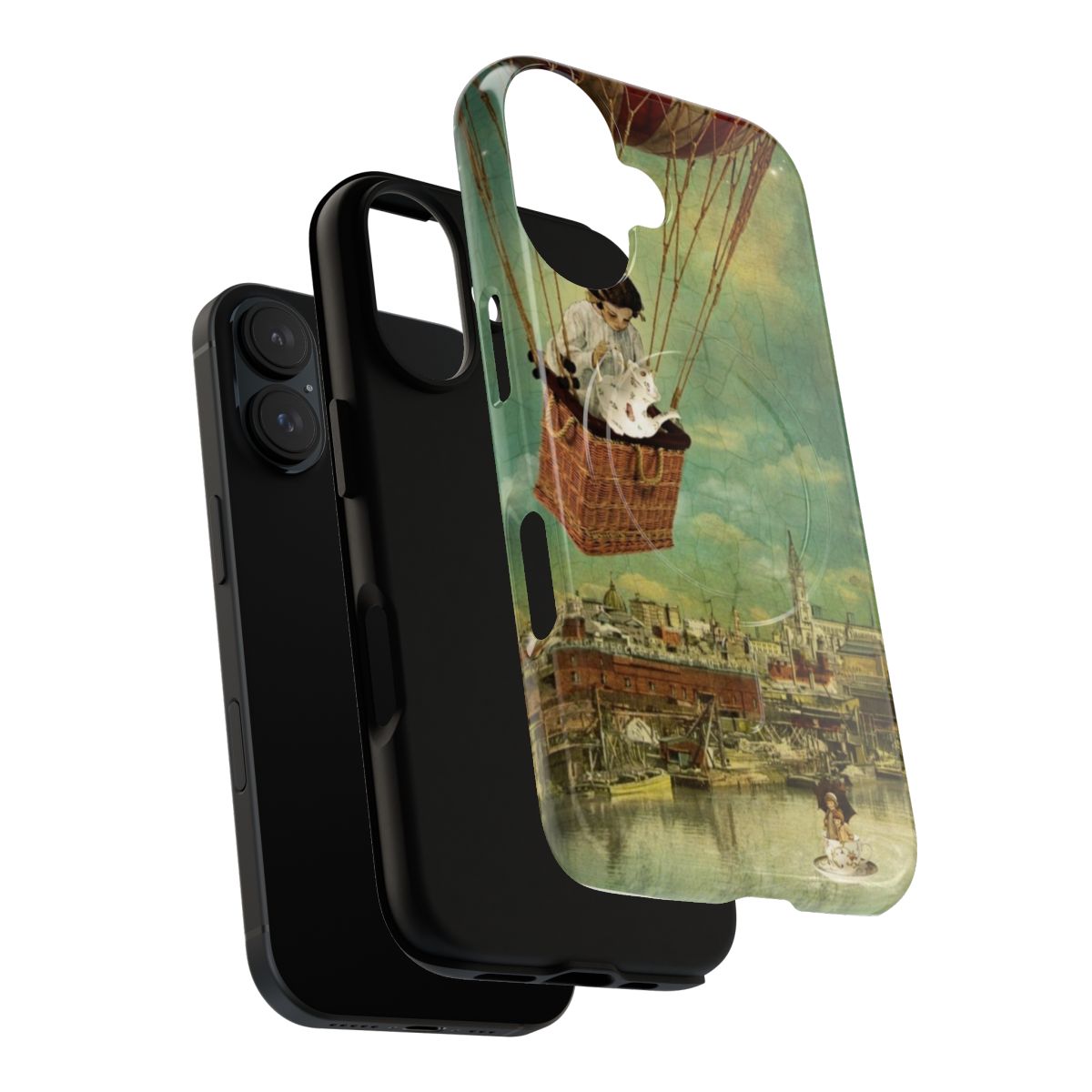 Magical fantasy phone case featuring a girl, teacup, and whimsical balloon - Layers