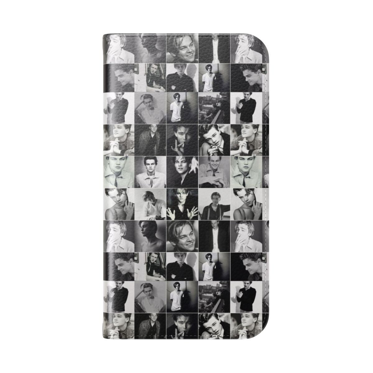 Stylish flip cover phone case featuring a portrait of renowned actor Leonardo DiCaprio. - Folded Back