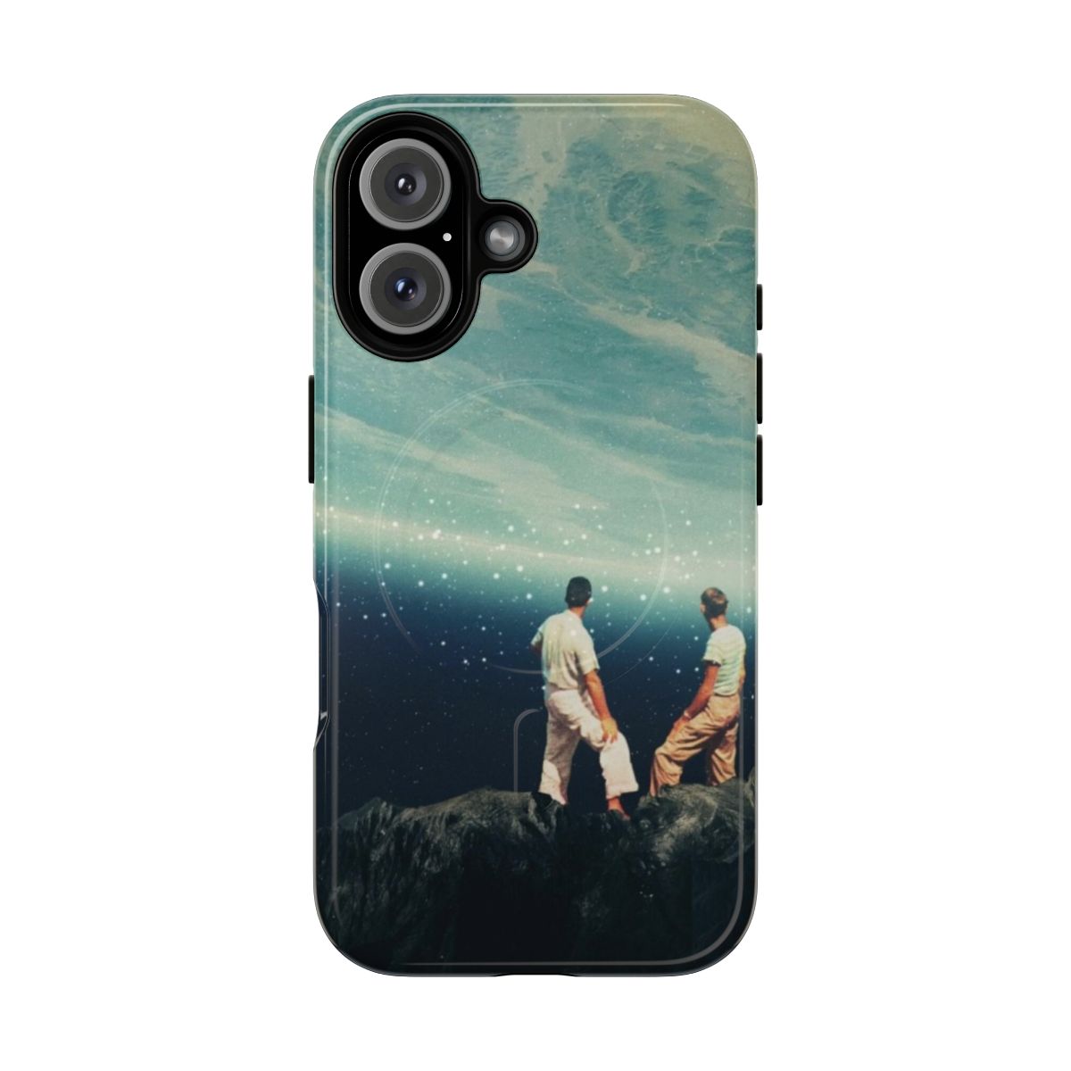 Vintage collage phone case featuring a surreal landscape with the earth, stars, and people in a cosmic setting.