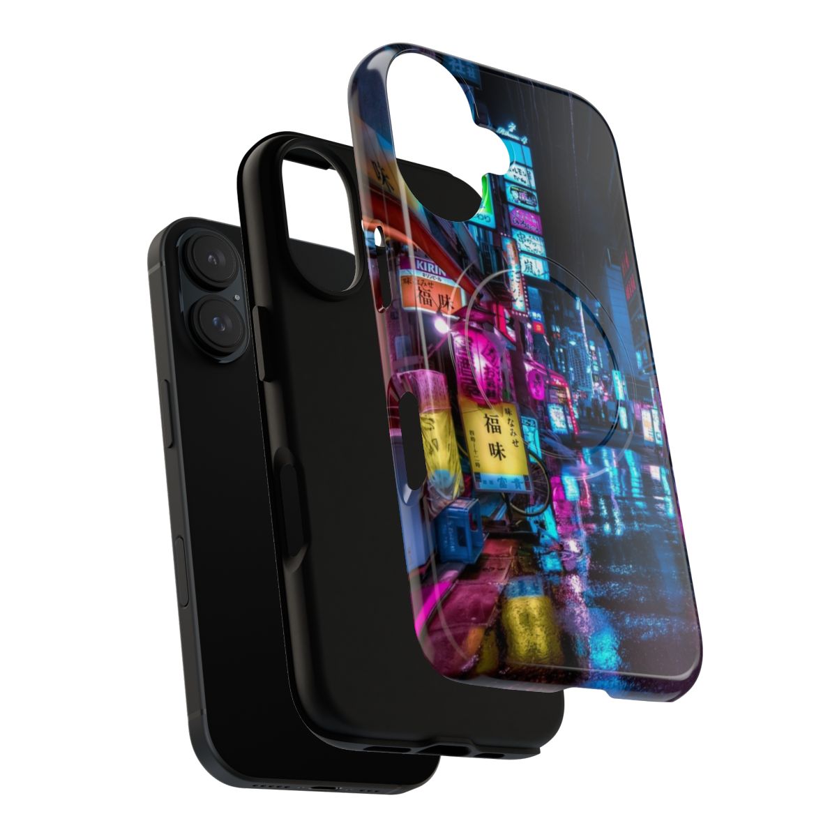 Neon-lit Tokyo alley with moody, futuristic atmosphere featured on a magnetic phone case - Layers