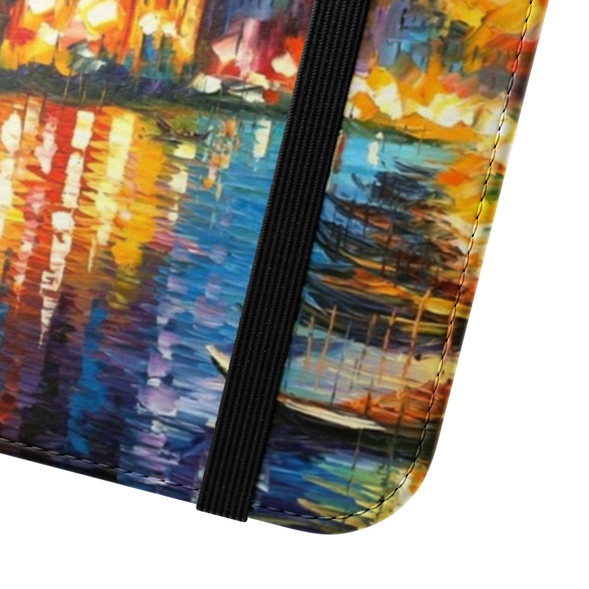 Colorful flip phone case featuring a Leonid Afremov-inspired cityscape of the iconic Venice canals - Close Up