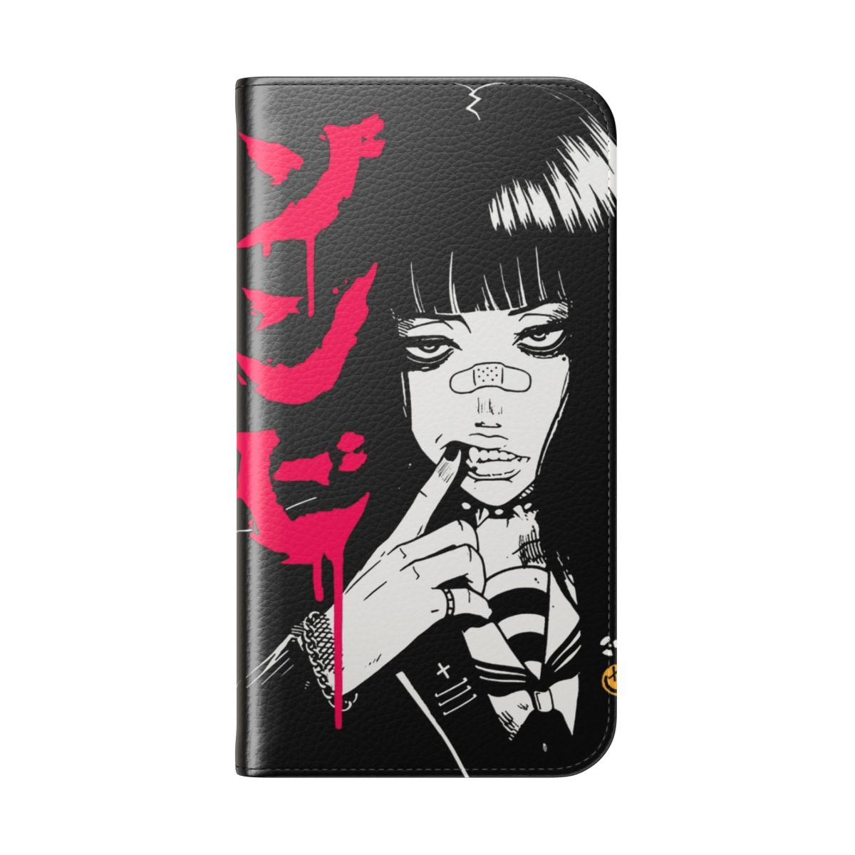 Vaporwave-inspired phone case with Japanese kanji, oni mask, and samurai warrior graphics - Folded Back