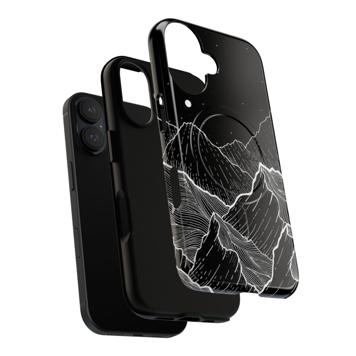 Sleek black and white phone case featuring a mountain landscape design - Layers