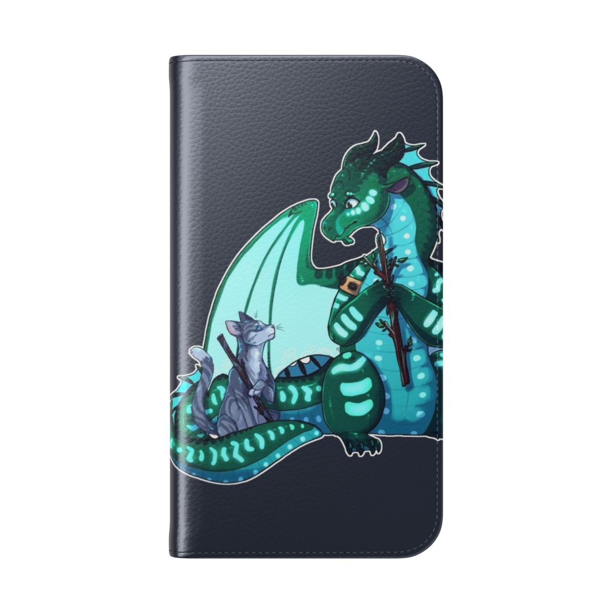 Flip phone case featuring stick figure characters from the fantasy book series "Wings of Fire" and "Warriors" - Folded Back