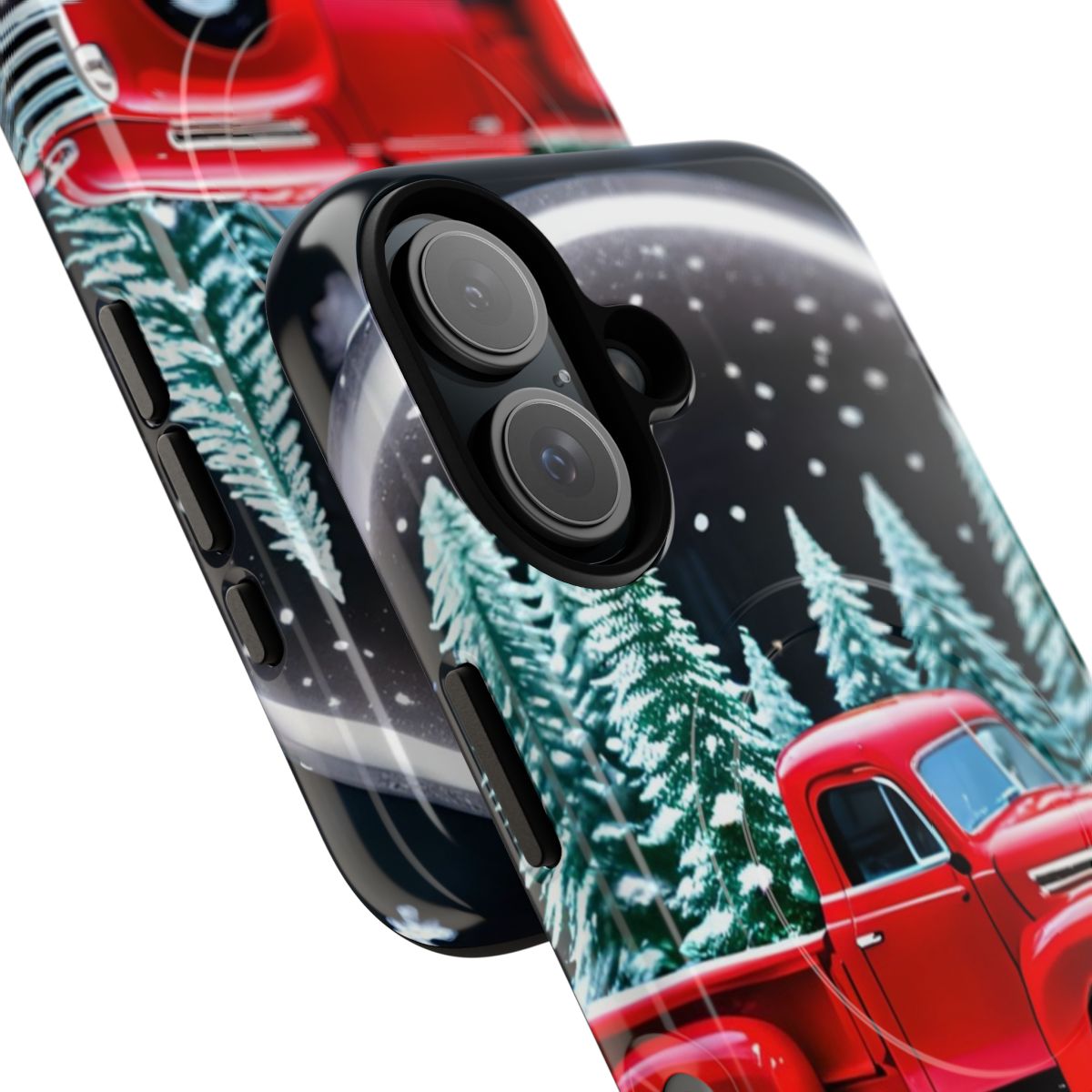 Vintage red truck phone case with snow globe, pine trees, and holiday background - Detail