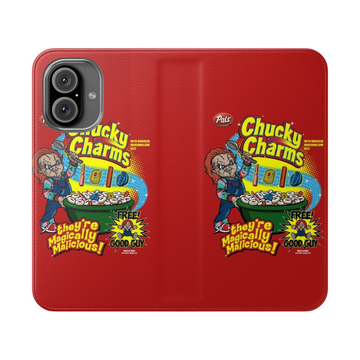 Chucky-Inspired Flip Cover Phone Case with Horror Movie Parody Design